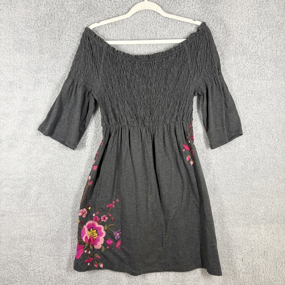 Johnny Was Off Shoulder Smocked Floral Embroidered Cotton Dress Size M Gray Pink